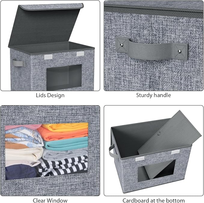 Univivi Fabric Foldable Storage Boxes [4-Pack] Large Collapsible Stackable Storage Bins with Lids, Closet Organizers and Storage Cube Basket for Home, Office, Bedroom (Grey, 17'' x 12'' x 12") - Image 4