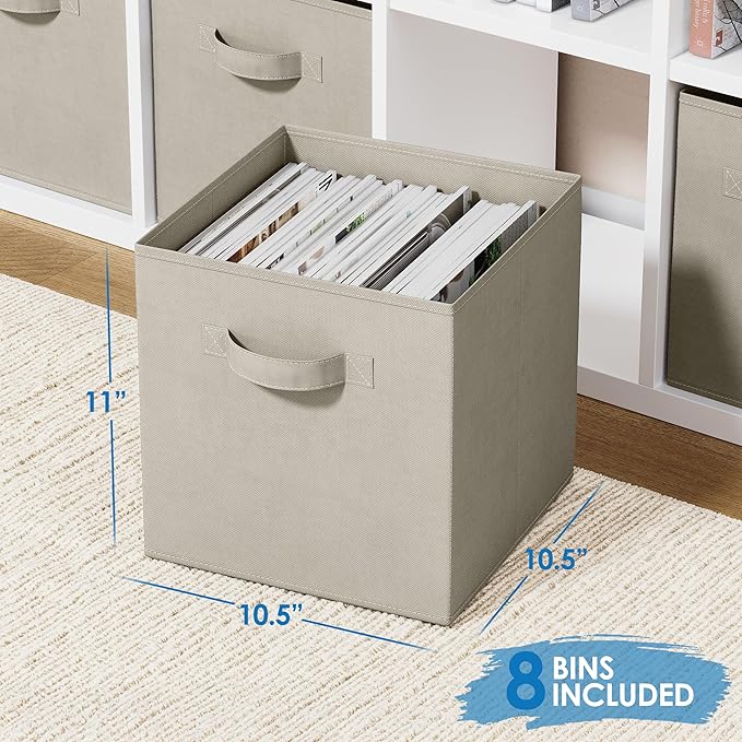 Set of 8 Foldable Fabric Storage Cube Bins | Collapsible Cloth Organizer Baskets Containers | Folding Nursery Closet Drawer | Features Dual Handles | More Beautiful Colors Available (Off White) - Image 2