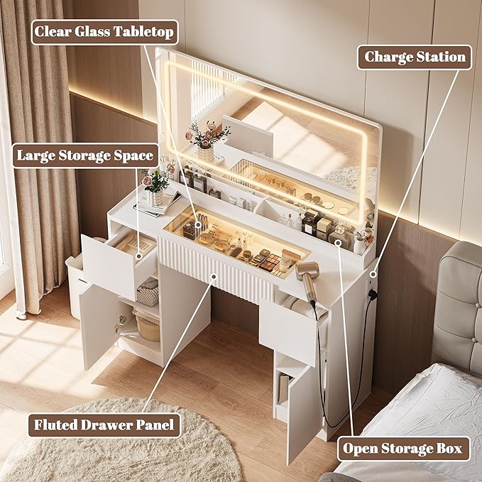 INNOD Vanity Desk with Large Mirror and Lights, Modern Glass Top Makeup Vanity Set with Power Outlet, 3 Drawers and 2 Cabinet, 3 Lighting Color Adjustable Dressing Table for Bedroom,Pure White