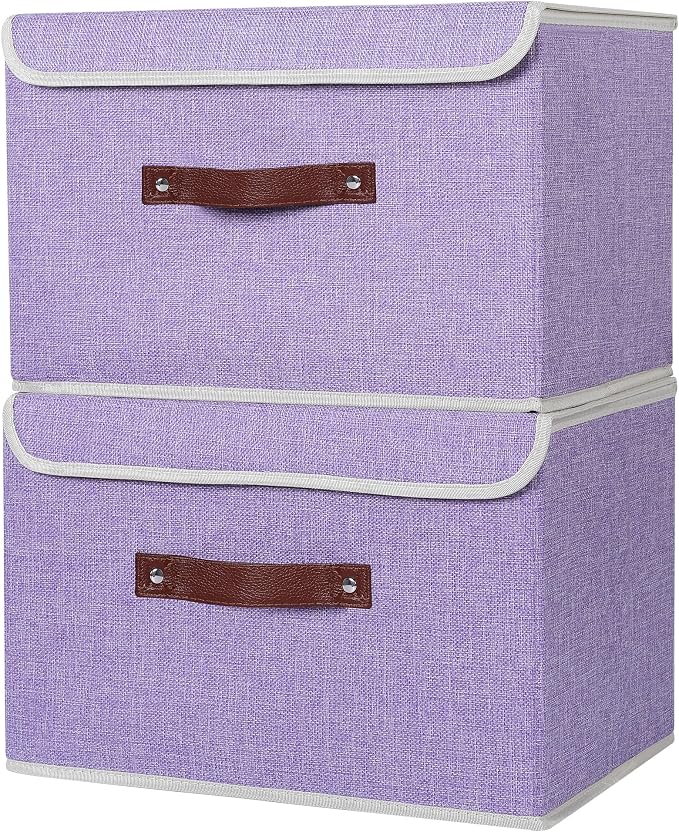 ANMINY 2PCS Storage Bins with Lid PU Leather Handles Storage Boxes PP Plastic Board Decorative Foldable Lidded Cotton Linen Fabric Home Cubes Baskets Closet Organizer Containers - Purple, Large Size - Image 2