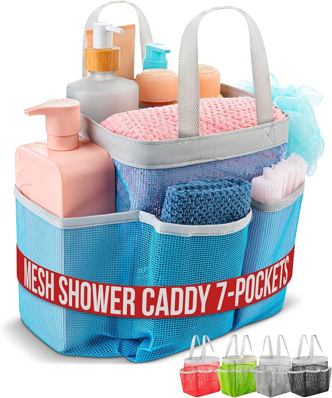Handy Laundry Mesh Shower Caddy - 7 Pocket Portable Bathroom Organizer Tote for Travel, Gym & Dorm - Collapsible Small Shower Caddy Bag to Hold Toiletries & Essentials (Blue) by Handy+Laundry