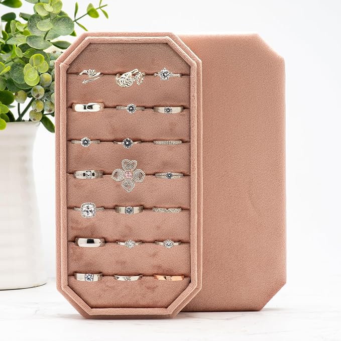 Velvet Ring Organizer Display Tray Jewelry Box Earring Holder Case for Wedding Birthday Christmas Day (Blush Peach) - Image 5