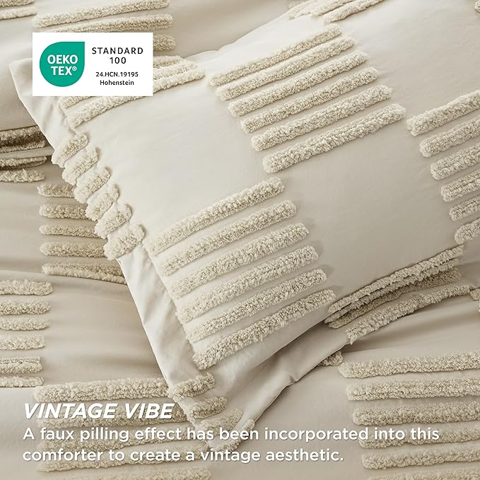 Bedsure Full Size Comforter Set Linen, Boho Tufted Bed Set, Grande Checkered Farmhouse Shabby Chic Bedding, 3 Pieces, 1 Plaid Geometric Comforter and 2 Pillow Shams