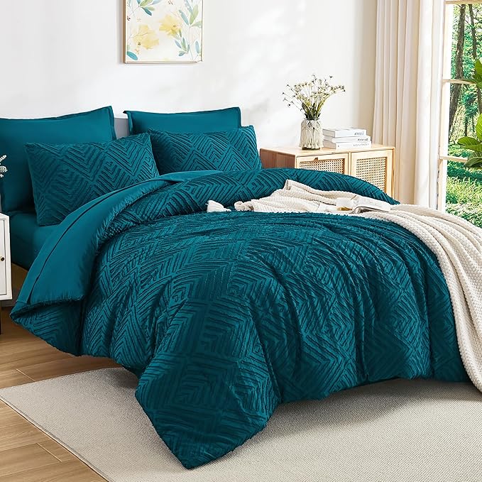 Andency Oversized Queen Comforter Set 7 Piece Teal - Bed in a Bag Oversized Queen Boho Lightweight Fluffy Tufted Bedding Sets with Comforter, Sheets, Pillowcases & Shams