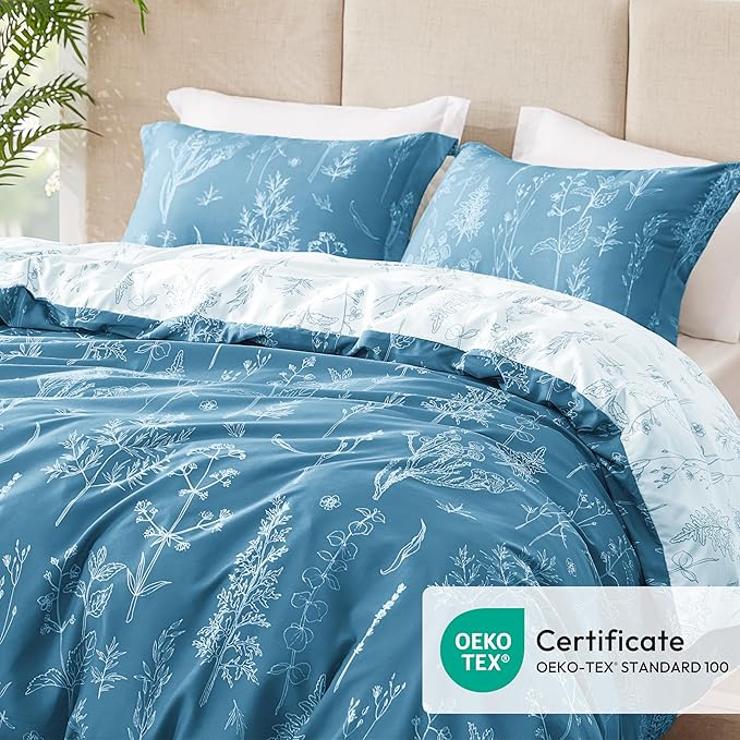 Love's cabin Mineral Blue Twin Comforter Set - Twin XL Size Comforter Set Dorm Bedding, 2 Pieces Cute Floral Bedding, Soft Reversible Flowers Comforter, 1 Comforter & 1 Pillow Sham