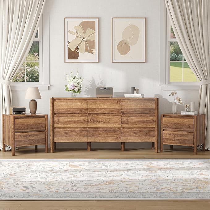 CHUWELL 3-Piece Bedroom Dresser Set-9 Drawer Dresser & 2 Nightstands,47" Wide Walnurt Dresser and Night Stands with Solid Wood Cylindrical Legs,Rustic Wooden Storage for Bedroom