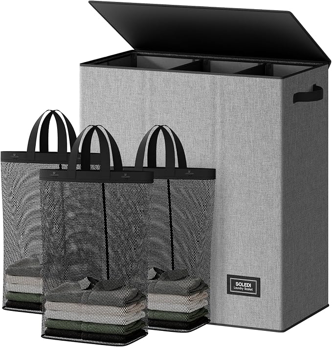 SOLEDI 160L Laundry Hamper 3 Section, Extra Large Laundry Hamper with Lid, Dirty Clothes Hamper with Sturdy Handle, Large Laundry Basket Organizer for Laundry Room, Bedroom, Hampers for Laundry by SOLEDI