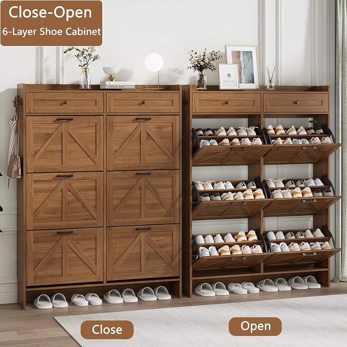 Shoe Cabinet with 6 Flip Drawers & 2 Top Drawers, 57" Tall Freestanding Narrow Wooden Shoe Storage Organizer for Entryway, Hidden Slim Shoe Rack for Front Door Entrance, Hallway, Living Room, Walnut - Image 4