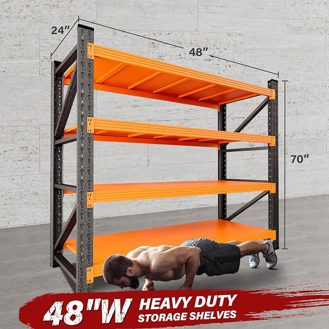 48" Wide Heavy Duty Garage Shelving Units,3000LBS Deep Storage Shelves,Orange Metal Garage Shelves,Large Storage Rack,Steel Shelf,Industrial Shelving for Shop,Warehouse,Basement,48" W x 24" D x 70" H - Image 2