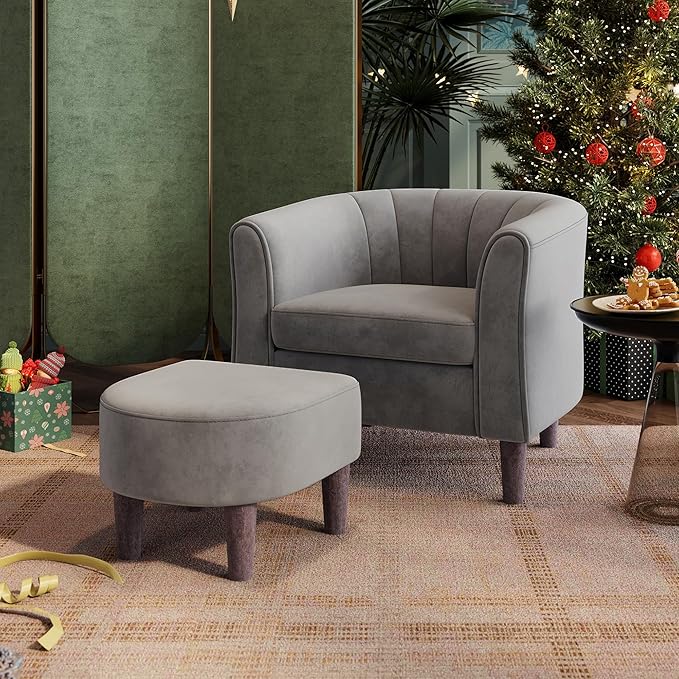 LINSY Accent Chair with Ottoman, Modern Armchair Comfy Barrel Reading Chair with Footrest for Living Room Bedroom Reading Room, Velvet, Light Grey