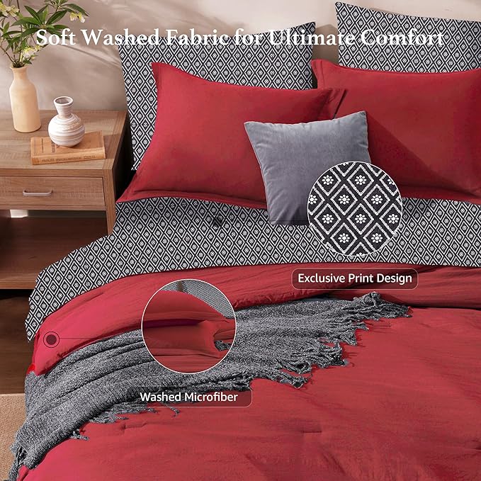 Monbix King Size Comforter Set - 7 Pieces Bright Red Prewashed Bed in a Bag King Bedding Sets with Comforters, All Seasons Ultra Soft Comforter Bed Set with Sheets, Pillowcases & Shams