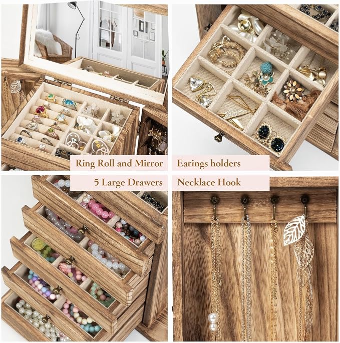 Emfogo Wooden Jewelry Box for Women, 6-Tier Large Jewelry Organizer Boxes with Mirror Rustic Solid Wood jewlery Storage Display for Rings Earrings Necklaces Bracelets watches(Carbonized Brown) - Image 6