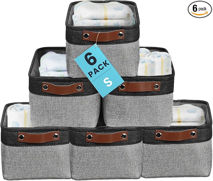 OrganiHaus Small Fabric Storage Baskets 6 Pack, 12x8in Cloth Storage Bins for Shelves, Small Baskets for Organizing Pantry Closet, Canvas Shelf Baskets, Gray/Black by OrganiHaus