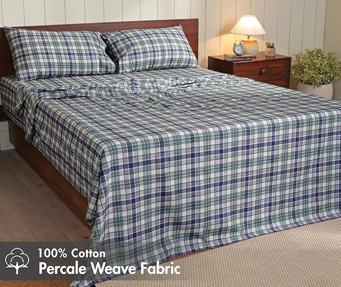 RUVANTI 100% Cotton Sheets – Twin XL Size Percale Bedding, Cooling & Breathable Floral Design, Durable with a Crisp, Soft & Comfortable Feel, 16" Deep Pocket, 3-Piece Set, Greenish Blue Plaid