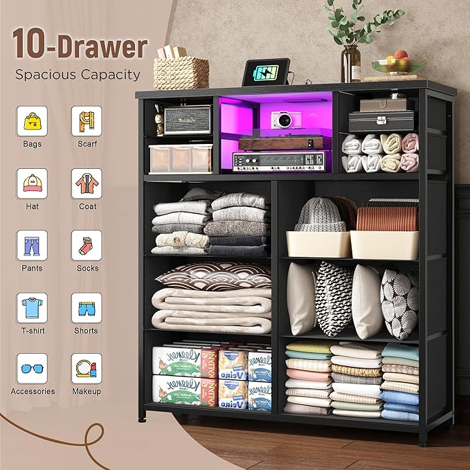 Romorgniz Dresser for Bedroom with 10 Drawers Featuring LED Light and Power Outlet, Fabric Dressers & Chest of Drawers with Open Shelves for Hallway, Living Room, Metal Frame,Wood Top,Grain Black