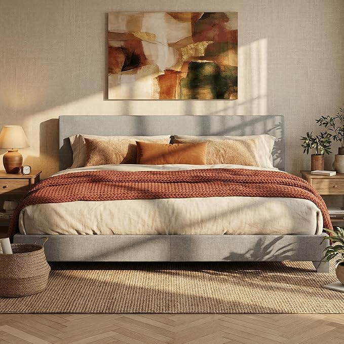SHA CERLIN Light Grey King Platform Upholstered Bed Frame with Adjustable Headboard, Wood Slats Support, No Box Spring Needed, Easy Assembly, Easy Clean Up