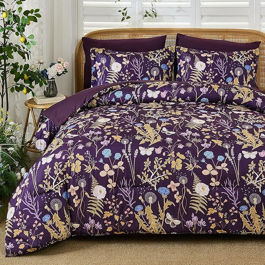 Yiran Purple Floral Comforter Set King Size, 7 Piece Botanical Comforter Bedding Set, Farmhouse Bed in a Bag, Soft Microfiber Complete Bedding Set with Sheets for All Season