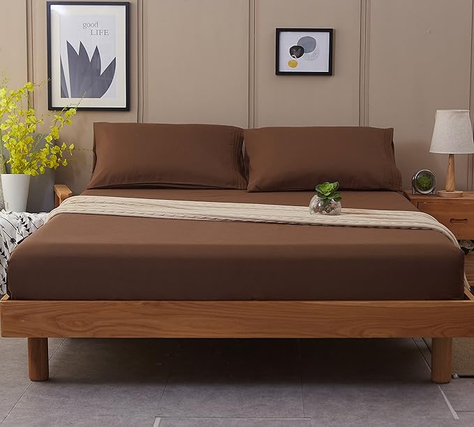 SONORO KATE Sheets Super Soft Microfiber 1800 Thread Count 16 Inch Deep Pocket 4 Piece Queen Brown