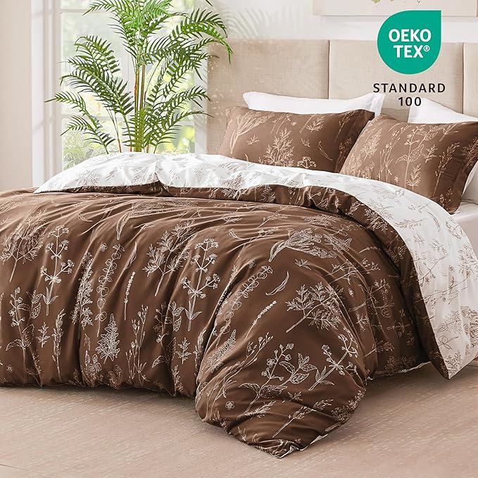 Love's cabin Chocolate Full Comforter Set - Full Size Comforter Set, 3 Pieces Cute Floral Bedding Sets for All Seasons,1 Soft Reversible Botanical Flowers Comforter and 2 Pillow Shams