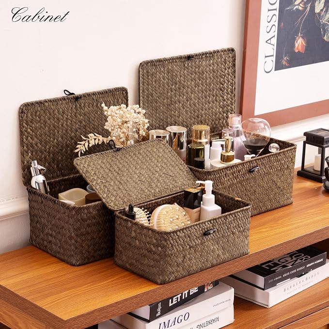 Nonam Seagrass Storage Baskets with Lid Set of 3,Wicker Basket Storage Bin for Shelves,Rectangular,Boho Decor,Handwoven Shelf Basket for Organizing-Storage Container Box for Home Organization-Coffee - Image 5
