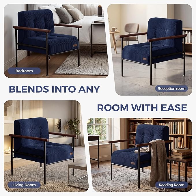 MAXYOYO Living Room Accent Chair, Modern Chair with Sturdy Metal Frame & Wood Armrests, Upholstered Reading Chair with Upholstered Cushion for Bedroom Balcony Porch, Navy