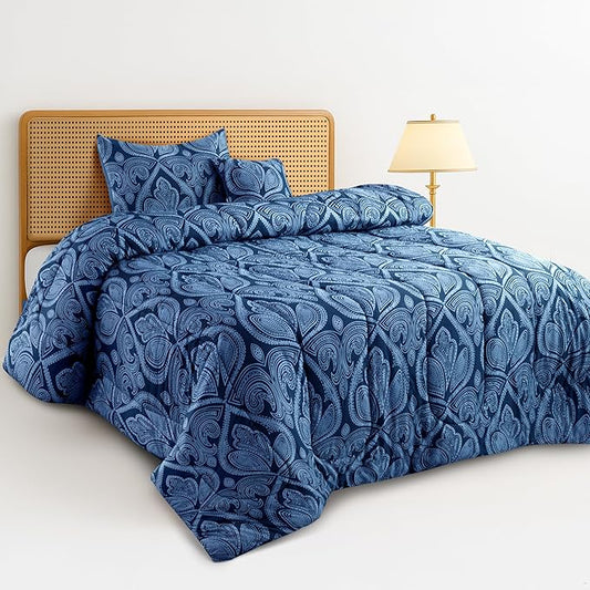 LUX Décor Reversible 4pc Twin Comforter Set, Printed Bedding Set, All-in-One Bed in a Bag, Includes 1 Comforter, 1 Pillow Sham, 1 Decor Pillow & 1 Bed Skirt (Paisley Navy,Twin)