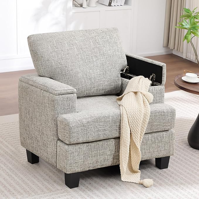 Oversized Accent Chair with Armrest Storage, Modern Upholstered Reading Living Room Chairs, Comfy Large Armchair, Fabric Single Sofa Chair for Bedroom (Light Grey)