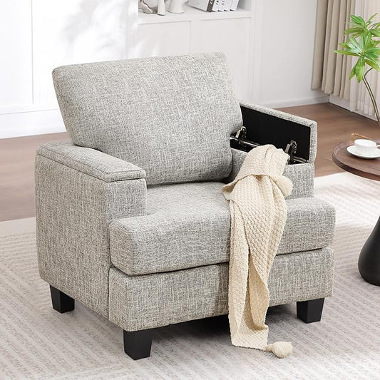Oversized Accent Chair with Armrest Storage, Modern Upholstered Reading Living Room Chairs, Comfy Large Armchair, Fabric Single Sofa Chair for Bedroom (Light Grey)