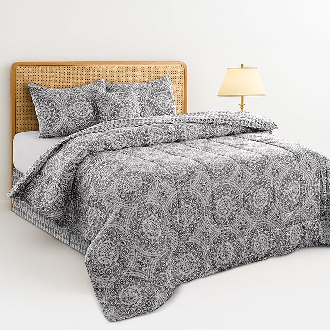 LUX Décor Reversible 5pc King Comforter Set, Printed Bedding Set, All-in-One Bed in a Bag, Includes 1 Comforter, 2 Pillow Shams, 1 Decorative Pillow & 1 Bed Skirt (Aztec Grey,King)