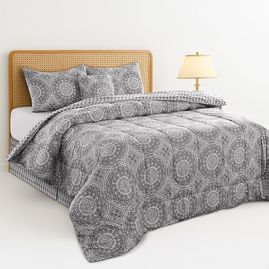 LUX Décor Reversible 5pc King Comforter Set, Printed Bedding Set, All-in-One Bed in a Bag, Includes 1 Comforter, 2 Pillow Shams, 1 Decorative Pillow & 1 Bed Skirt (Aztec Grey,King)