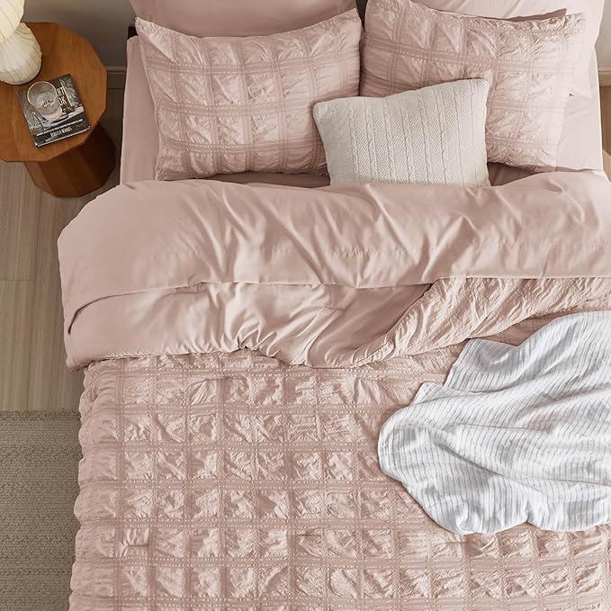 Bedsure Bed in a Bag Full - 7 Pieces Plaid Seersucker Bedding Comforter Sets, Soft Lightweight Rose Dust Boho Bed Set with Comforters Full Size, Sheets, Pillowcases & Shams