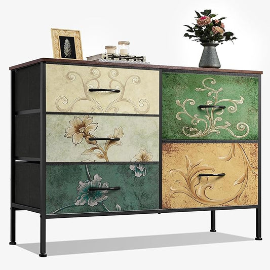 WLIVE Dresser for Bedroom with 5 Drawers, Wide Chest of Drawers for Bedroom, Fabric Dresser for Living Room, Closet, Hallway, Floral Painted