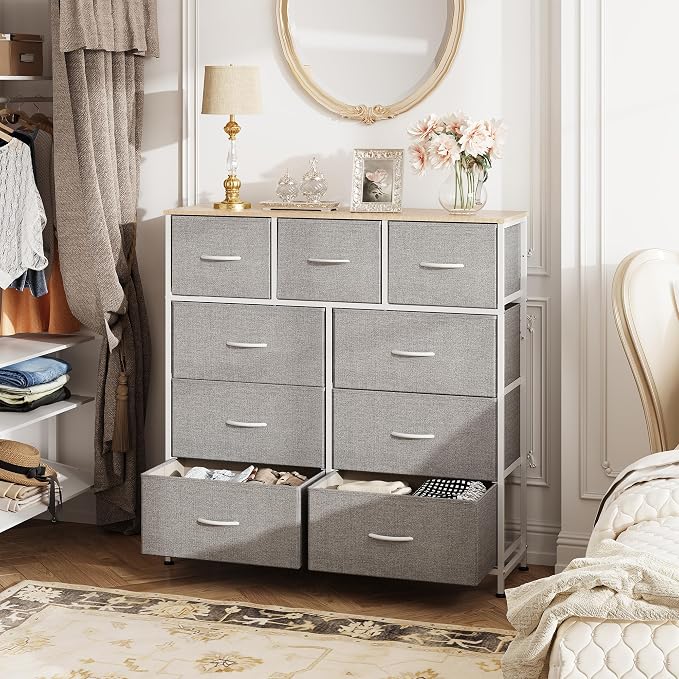 WLIVE 9-Drawer Dresser, Fabric Storage Tower for Bedroom, Hallway, Entryway, Closet, Tall Chest Organizer Unit with Fabric Bins, Steel Frame, Wood Top, Easy Pull Handle, Light Grey - Image 2