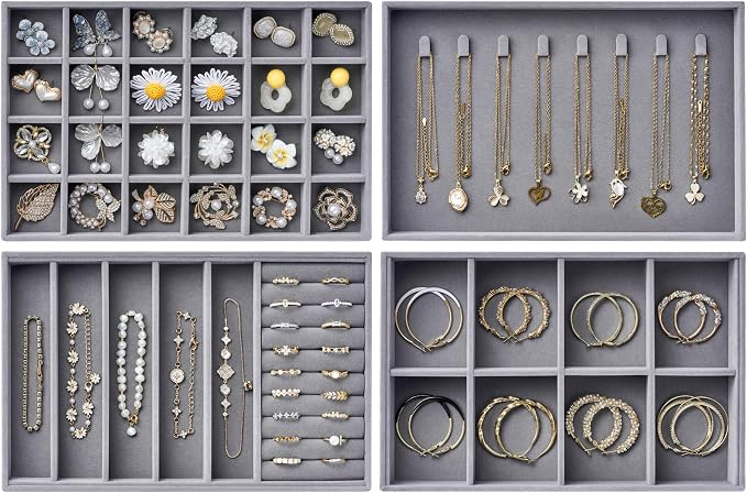 Velvet Jewelry Drawer Organizer Trays – Large Grey Stackable Jewelry Storage Inserts Set, 4-Layer Jewelry Tray Set for Earrings, Rings, Necklaces, Bracelets with Removable Dividers for Dresser, Vanity by pickpiff