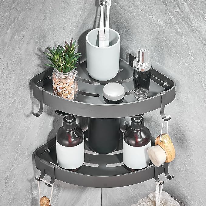 DUFU Adhesive Corner Shower Caddy with Hooks,Bathroom Shower Organizer, No Drilling Rust Proof Aluminum Shower Shelf for Inside Shower 2 Pack (Grey) by DUFU