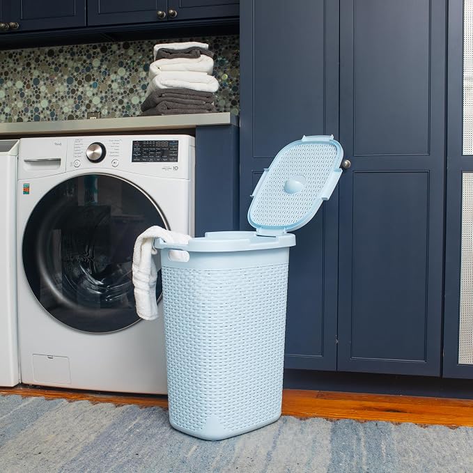 Mind Reader Slim Laundry Hamper with Lid, 60L Tall Clothes Basket, Narrow Tapered Design for Bathrooms, Closets and Laundry Rooms, Plastic, Baby Blue - Image 2