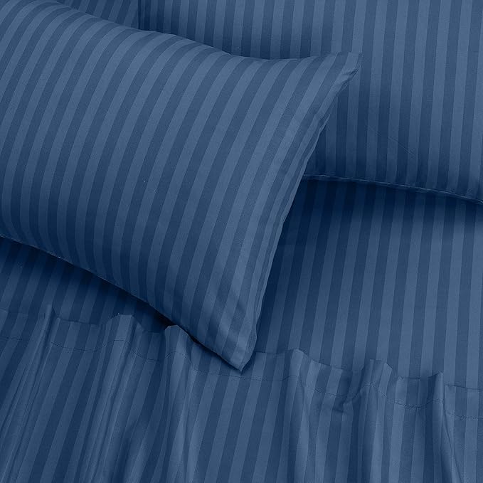 Utopia Bedding Queen Sheet Set, Soft Microfiber 4 Piece Bed Sheets with 15" Deep Pocket - Easy Care Brushed Microfiber (Stripe - Navy)