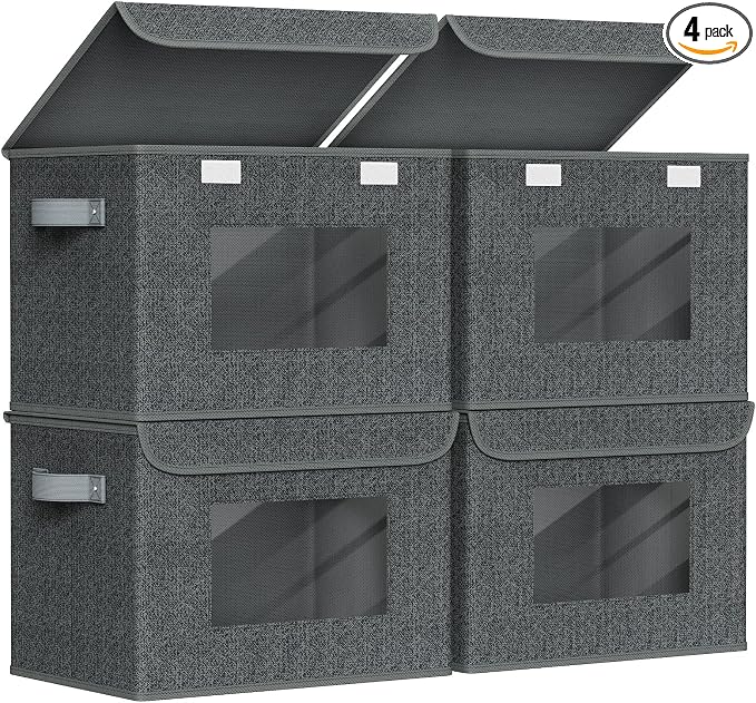 Univivi Fabric Foldable Storage Boxes with Lids [4-Pack] Large Stackable Storage Bins, Closet Organizers and Storage Cube Storage Organizer for Home, Office, Bedroom (Black, 17“ x 12” x 12") by Univivi