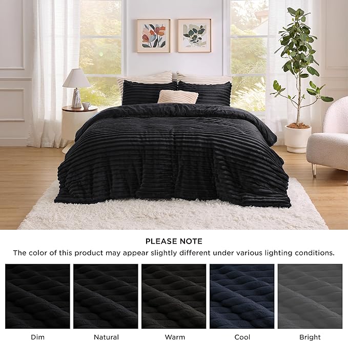 Bedsure King Comforter - GentleSoft™ 3 Pieces Double-Side Fleece Fluffy Black Comforter Set, Cozy Striped Room Decor Aesthetic, Luxury King Size Bedding with 2 Pillowcases, 104x90 Inches