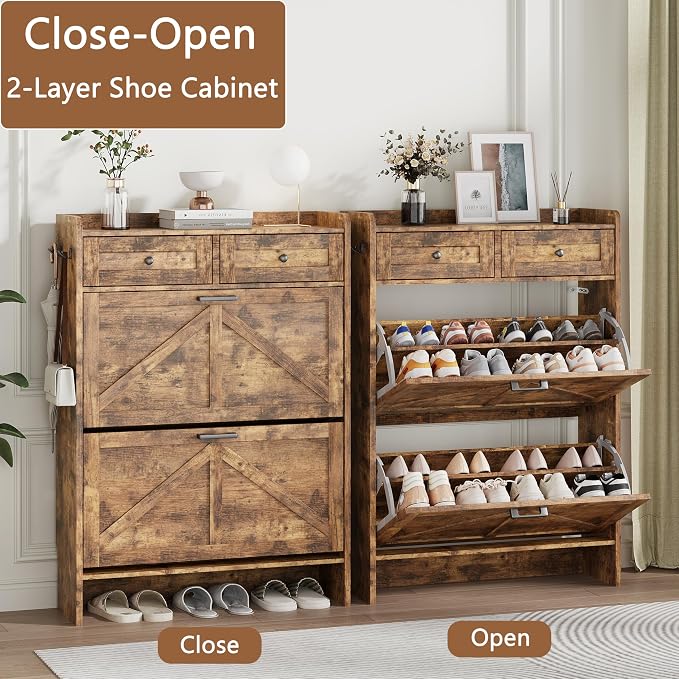 Shoe Cabinet with 2 Flip Drawers & 2 Top Drawers, 43" Tall Freestanding Narrow Wooden Shoe Storage Organizer for Entryway, Hidden Slim Shoe Rack for Front Door Entrance, Hallway, Living Room, Brown - Image 4