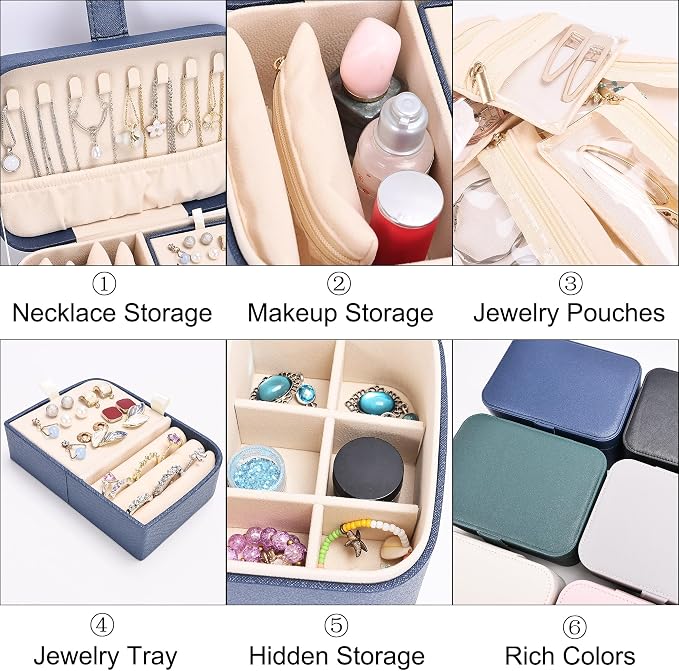 2 Layer Portable Jewelry Box, Large Jewelry Travel Case with 4 Velvet Jewelry Pouches, Medium Size Jewelry Organizer Box for Earrings, Necklaces, Bracelets (dark blue) - Image 3