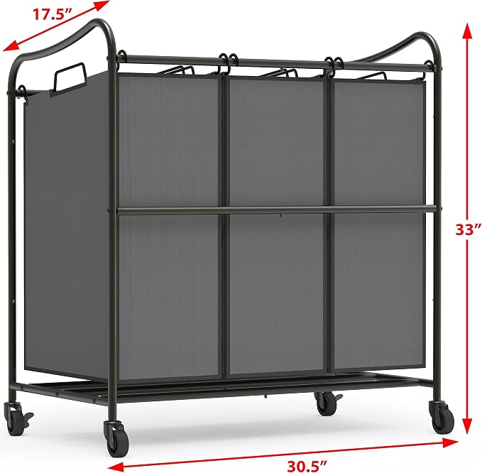 Simple Houseware Heavy Duty 3-Bag Laundry Sorter Rolling Cart, Dark Grey – Durable Triple Laundry Hamper with Removable Bags and Lockable Wheels for Efficient Laundry Organization - Image 2