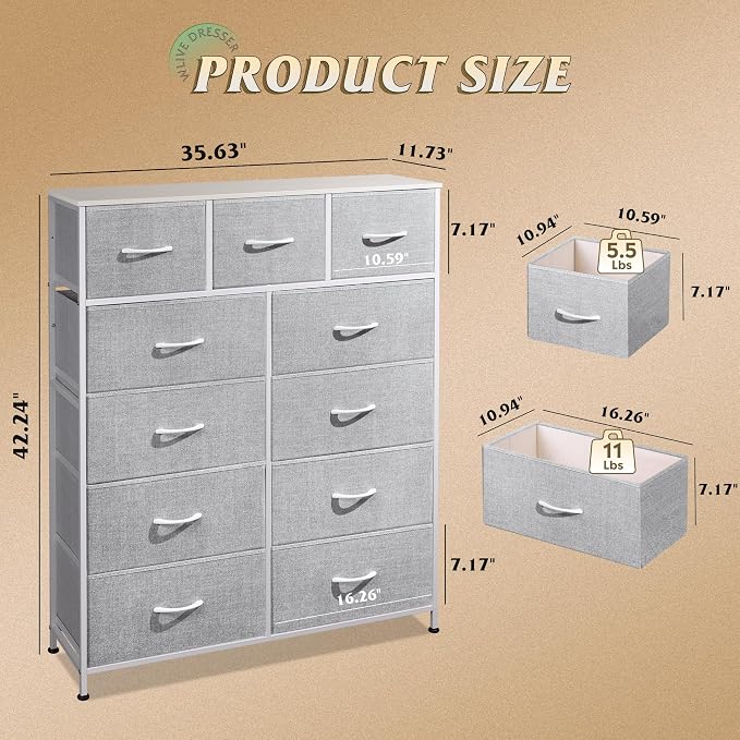 WLIVE Tall Dresser for Bedroom, Fabric Dressers Storage Tower, Dresser & Chest of Drawers Organizer Unit with 11 Drawers, Storage Cabinet, Hallway, Closets, Steel Frame, Wood Top, Light Grey - Image 3