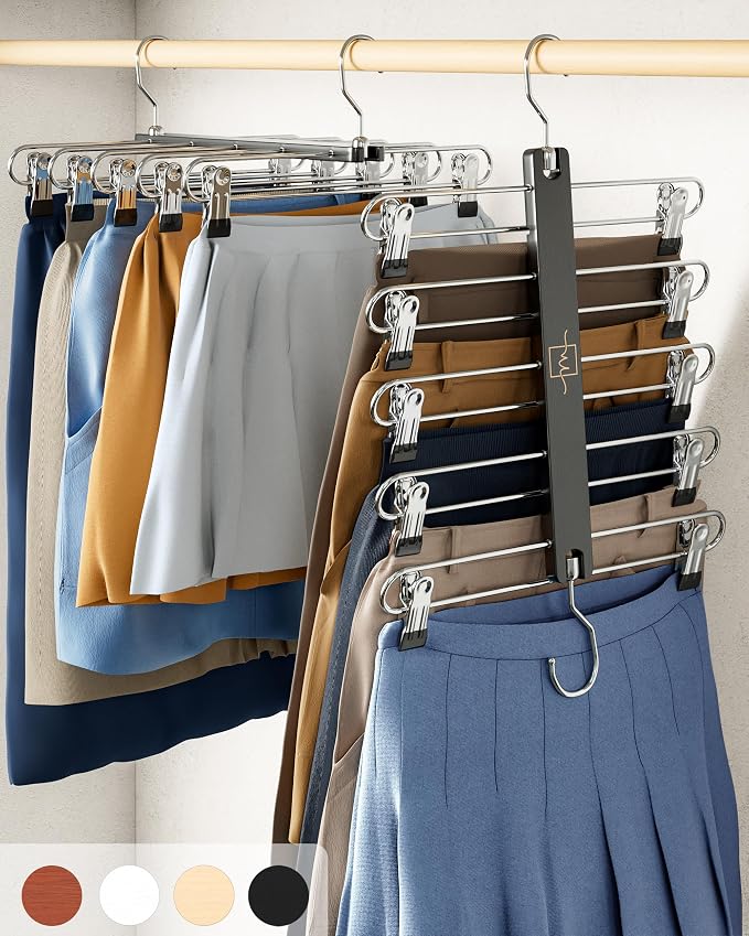 MORALVE Skirt Hangers Space Saving with Clips - 2 Pack - European Beechwood 5-Tier Hanger for Shorts, Skirts, and Pants - Closet Organizer and Storage Solution for Women with 360° Swivel Hook by MORALVE