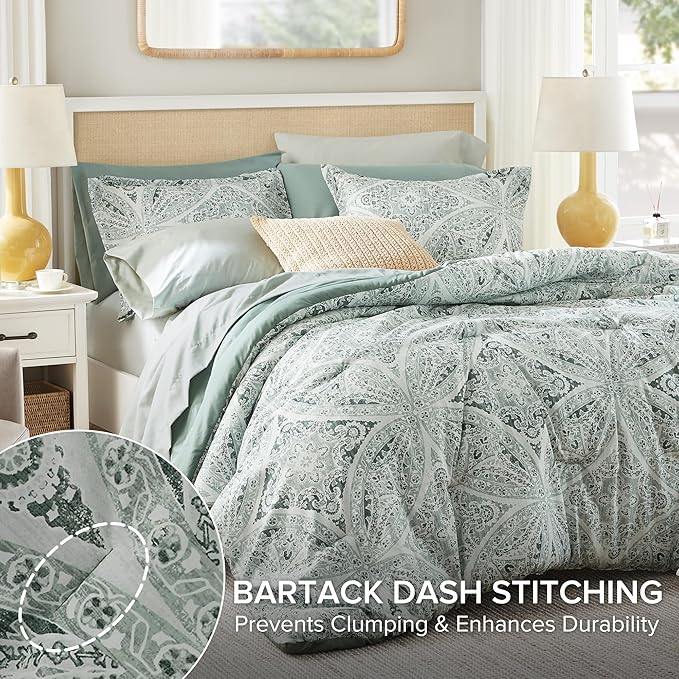 Comfort Spaces Bed in A Bag Comforter Set - Trendy Casual Design Queen Comforter with Complete Sheet Set with Side Pocket, All Season Comforter, Shams, Gloria, Queen Green 9 Piece