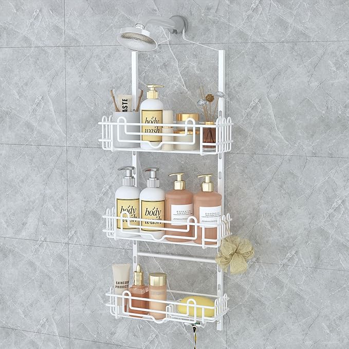 SWTYMIKI Shower Caddy Hanging Organizer - 3-Tier Rustproof Shower Organizer Over Showerhead with Adjustable Baskets, 24 Hooks, Soap & Razor Holder - No Drill Large Bathroom Storage Rack, White by SwtyMiki-TidyHomeSweetLife