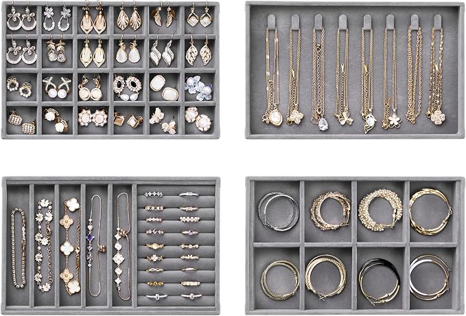 Velvet Jewelry Drawer Organizer Trays – Grey Stackable Jewelry Storage Inserts Set, 4-Layer Jewelry Tray Set for Earrings, Rings, Necklaces, Bracelets with Removable Dividers for Dresser & Vanity by pickpiff