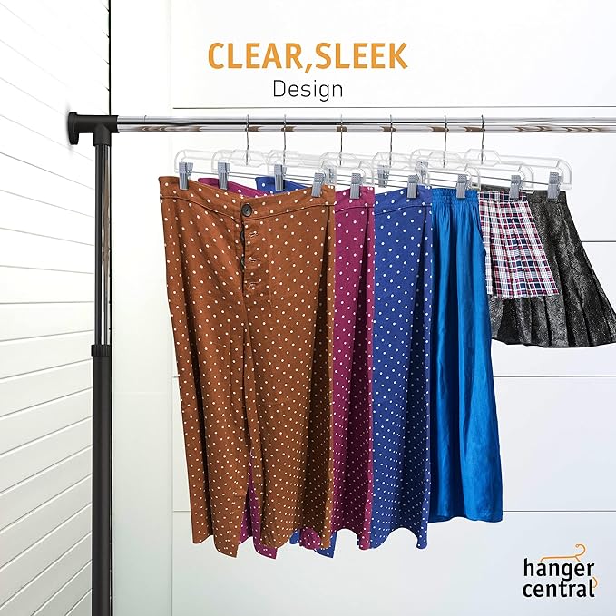 Hanger Central Premium 14 Inch Clear Pants Hangers with Adjustable Clips - 25 Pack Space-Saving Skirt Hangers - Non-Slip Heavy Duty Plastic Closet Organizers with 360° Swivel Hook - Image 3