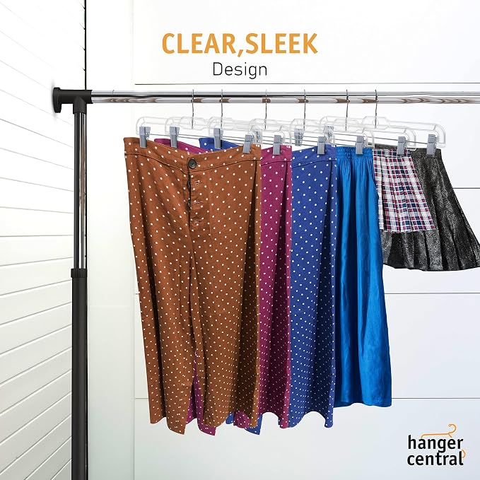Hanger Central Premium 14 Inch Clear Pants Hangers with Adjustable Clips - 12 Pack Space-Saving Skirt Hangers - Non-Slip Heavy Duty Plastic Closet Organizers with 360° Swivel Hook - Image 3
