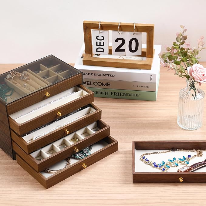 CLUQMEIK 5 Layer Large Wooden Jewelry Box with Acrylic Lid and Wooden Drawers, Stackable Jewelry Organizers and Storage Box for Women and Girls to Storing Rings Earrings Necklaces Bracelets - Image 8